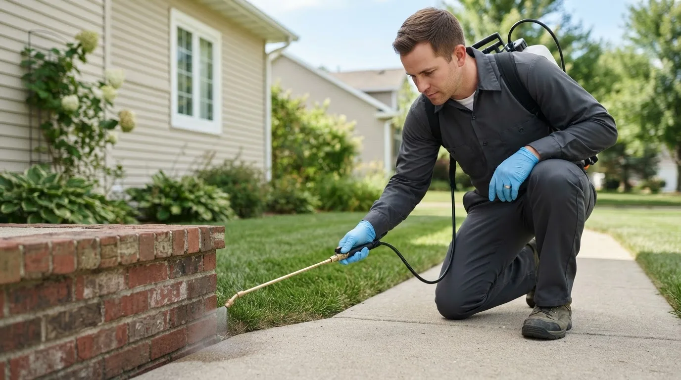 Pest control technician treating a home near Mora, MN